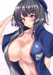 Rule 34 | 10s, 1girl, beret, black hair, blush, breasts, center opening, cleavage, collarbone, employee uniform, hat, highres, kantai collection, large breasts, lawson, looking at viewer, midriff, no bra, open clothes, open shirt, parted lips, red eyes, sankakusui, shiny skin, shirt, short sleeves, sidelocks, solo, stomach, sweat, takao (kancolle), uniform, upper body