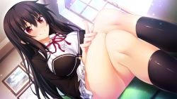 Rule 34 | 1girl, black hair, blush, breasts, closed mouth, crossed legs, day, drawing (object), dutch angle, game cg, hair between eyes, hand on own thigh, happy, highres, indoors, kuroki michi, large breasts, legs, long hair, looking at viewer, nora to oujo to noraneko heart 2, oozora itsuki, original, red eyes, school uniform, sitting, skirt, smile, solo, sunlight, thighs, window