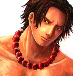 Rule 34 | 1boy, beads, black hair, brown eyes, freckles, male focus, one piece, portgas d. ace, portrait, prayer beads, short hair, simple background, smile, solo, topless male, white background, yumiyokiak