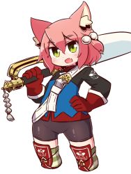 Rule 34 | 1girl, 7th dragon, 7th dragon (series), :d, animal ear fluff, animal ears, belt, belt buckle, bike shorts, blue jacket, blush, brown shorts, buckle, cat ears, commentary request, cropped legs, fang, fighter (7th dragon), gloves, green eyes, hair between eyes, hair bobbles, hair ornament, hand on own hip, harukara (7th dragon), head tilt, highres, holding, holding sword, holding weapon, jacket, long sleeves, naga u, one side up, open mouth, over shoulder, pink hair, red gloves, short shorts, shorts, simple background, smile, solo, standing, striped clothes, striped thighhighs, sword, sword over shoulder, thighhighs, weapon, weapon over shoulder, white background, white belt
