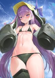 Rule 34 | 1girl, animal hood, armor, bare shoulders, bikini, black bikini, black jacket, blue bow, blue eyes, blue sky, blush, bow, breasts, choker, closed mouth, collarbone, crystal shoujo, day, fate/grand order, fate (series), greaves, hair between eyes, highres, hood, jacket, long hair, long sleeves, looking at viewer, meltryllis, meltryllis (fate), meltryllis (swimsuit lancer) (fate), meltryllis (swimsuit lancer) (first ascension) (fate), navel, open clothes, open jacket, penguin hood, purple hair, sky, sleeves past fingers, sleeves past wrists, small breasts, smile, solo, stomach, swimsuit, thighs, very long hair