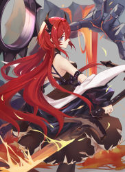 1girl absurdres akashiro_yulice arknights bare_shoulders demon_girl demon_horns dress highres holding holding_weapon horns infection_monitor_(arknights) kneehighs looking_at_viewer purple_eyes slit_pupils socks solo surtr_(arknights) sword weapon