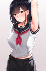 Rule 34 | 1girl, arm at side, arm up, armpit focus, armpits, black hair, black sailor collar, black skirt, blush, breasts, brown eyes, collarbone, commentary request, cowboy shot, gradient background, highres, jack dempa, large breasts, looking at viewer, medium hair, midriff peek, neckerchief, original, parted lips, pleated skirt, red neckerchief, sailor collar, school uniform, serafuku, shirt, short sleeves, simple background, skirt, solo, standing, sweat, white shirt