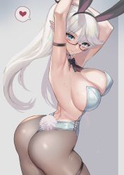 Rule 34 | 1girl, absurdres, animal ears, armpits, arms up, ass, bare back, breasts, cleavage, collar, elf, glasses, heart, highleg, highleg leotard, highres, hitowa, leotard, looking at viewer, looking back, original, pantyhose, playboy bunny, pointy ears, rabbit ears, rabbit tail, skindentation, solo, tail, thick thighs, thigh strap, thighs, turning head, white hair