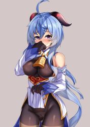 Rule 34 | 1girl, absurdres, ahoge, bare shoulders, bell, black gloves, black legwear, blue hair, blush, bodystocking, bodysuit, breasts, cameltoe, clothes lift, covering own mouth, detached sleeves, furrowed brow, ganyu (genshin impact), genshin impact, gloves, gluteal fold, gold trim, grey background, groin, highres, horns, lifting own clothes, long hair, looking at viewer, lumu yuanxiang, medium breasts, neck bell, nose blush, pelvic curtain, pelvic curtain lift, purple eyes, sidelocks, solo, standing, thigh gap, thighlet, thighs, white sleeves