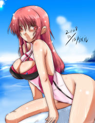 Rule 34 | 1girl, bad id, bad pixiv id, bent over, breasts, cleavage, highleg, highleg swimsuit, large breasts, one-piece swimsuit, red eyes, red hair, rock, solo, swimsuit, wet, za (artist)