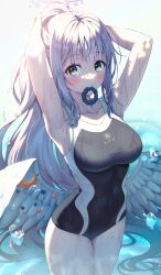 Rule 34 | 1girl, absurdres, adjusting hair, alternate hairstyle, angel wings, armpits, backlighting, black one-piece swimsuit, blue archive, blunt bangs, blush, breasts, commentary request, feathered wings, hair ornament, hair scrunchie, halo, highres, in water, large breasts, long hair, looking at viewer, mika (blue archive), mouth hold, official alternate costume, ojyomu, one-piece swimsuit, pink hair, ponytail, school swimsuit, scrunchie, sidelocks, simple background, sleeveless, smile, solo, swimsuit, two-tone swimsuit, wet, wet clothes, wet swimsuit, white wings, wings, yellow eyes