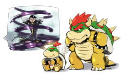 Rule 34 | 1girl, 2boys, bayonetta, bayonetta (series), bayonetta 3, black hair, bowser, bowser jr., braid, clothing cutout, crossover, earrings, eyeshadow, father and son, glasses, gloves, gun, halo, jewelry, lipstick, long hair, looking at viewer, makeup, mario (series), mole, mole under mouth, multicolored hair, multiple boys, nintendo, nintendo switch, one eye closed, red hair, ribbon, simple background, smile, streaked hair, stup-jam, twin braids, weapon