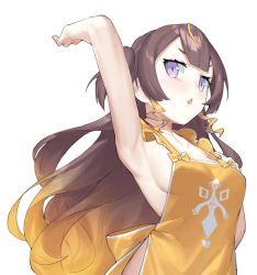 Rule 34 | 1girl, anya melfissa, apron, arm up, armpits, blonde hair, breasts, brown hair, dasdokter, gradient hair, highres, hololive, hololive indonesia, long hair, looking at viewer, medium breasts, multicolored hair, naked apron, open mouth, purple eyes, simple background, solo, upper body, virtual youtuber, white background, yellow apron