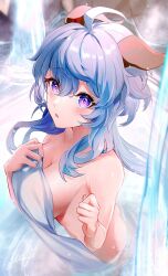 Rule 34 | 1girl, ahoge, blue hair, blush, breasts, commentary request, ganyu (genshin impact), genshin impact, hands up, highres, holding, holding towel, horns, kmes niku, large breasts, long hair, looking at viewer, nude, parted lips, purple eyes, solo, towel, upper body, very long hair, water