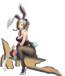 Rule 34 | 1girl, absurdres, alternate costume, animal ears, battle bunny riven, blue eyes, breasts, carrot, cherrylich, cleavage, daeho cha, fake animal ears, folded ponytail, highres, large breasts, league of legends, lips, pantyhose, playboy bunny, rabbit ears, rabbit tail, riven (league of legends), short hair, silver hair, sitting, smile, tail, unfinished, weapon
