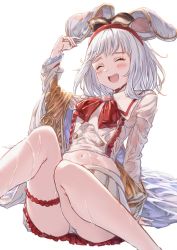 Rule 34 | 1girl, akita hika, animal ears, blush, breasts, brooch, closed eyes, crop top, fake animal ears, granblue fantasy, hairband, heart, heart brooch, highres, jewelry, long sleeves, midriff, mouse ears, navel, open mouth, short hair, sitting, skirt, small breasts, smile, solo, thighs, vikala (granblue fantasy), wet, wet clothes, white hair, white skirt, wide sleeves