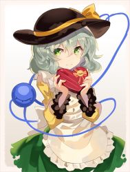 Rule 34 | 1girl, apron, black hat, bow, box, commentary request, cowboy shot, falken (yutozin), frilled apron, frills, gradient background, green eyes, green hair, green skirt, grey background, hair between eyes, hat, hat bow, heart-shaped box, highres, holding, komeiji koishi, long sleeves, looking at viewer, shirt, short hair, skirt, smile, solo, standing, tan background, third eye, touhou, white background, yellow bow, yellow shirt