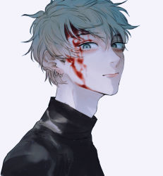 Rule 34 | 1girl, blood, blood on face, closed mouth, earrings, grey eyes, grey hair, highres, injury, jewelry, looking at viewer, original, short hair, simple background, solo, soramame, turtleneck, upper body, white background