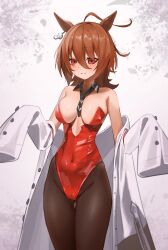 Rule 34 | 1girl, agnes tachyon (umamusume), ahoge, alternate costume, bare shoulders, black collar, black necktie, black pantyhose, blush, breasts, brown hair, chemical structure, coat, coat partially removed, collar, commentary request, covered navel, cowboy shot, detached collar, earrings, eo25, hair between eyes, highleg, highleg leotard, highres, jewelry, lab coat, large breasts, leotard, medium hair, necktie, nontraditional playboy bunny, open clothes, open coat, pantyhose, red eyes, short necktie, simple background, single earring, sleeves past fingers, sleeves past wrists, smile, solo, strapless, strapless leotard, thigh gap, umamusume, white background, white coat