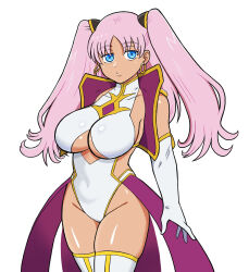 Rule 34 | 1girl, blue eyes, breasts, catherine sabathra, cleavage cutout, clothing cutout, code geass, code geass: dakkan no roze, dark-skinned female, dark skin, elbow gloves, gloves, highleg, highleg leotard, large breasts, leotard, long hair, looking at viewer, pink hair, revealing clothes, solo, twintails, very long hair, white background, white leotard, wide hips