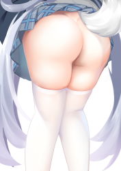 Rule 34 | 1girl, ass, azur lane, chinese commentary, clothes lift, fox girl, fox tail, from behind, grey skirt, highres, kasumi (azur lane), kneepits, lang yao, legs, long hair, lower body, no panties, plaid, plaid skirt, silver hair, skirt, skirt lift, solo, tail, thighhighs, thighs, very long hair, white thighhighs