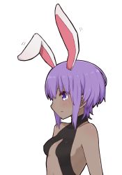 Rule 34 | 1girl, animal ears, bare shoulders, black leotard, blush, breasts, rabbit ears, closed mouth, dark skin, dark-skinned female, fate/prototype, fate/prototype: fragments of blue and silver, fate (series), hassan of serenity (fate), i.u.y, kemonomimi mode, leotard, looking away, purple eyes, purple hair, simple background, small breasts, solo, upper body, white background