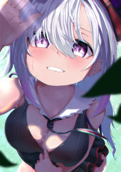 Rule 34 | .live, 1girl, absurdres, blush, breasts, carro pino, cleavage, collarbone, hair ornament, hat, highres, long hair, looking at viewer, medium breasts, necktie, open mouth, purple eyes, purple hair, rasen, shadow, solo, sweat, virtual youtuber