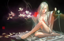 Rule 34 | 1girl, bad id, bad pixiv id, barefoot, blue eyes, bow, breasts, expressionless, feet, flower, hair ribbon, lips, long hair, mou-s, no arms, open clothes, original, petals, red ribbon, ribbon, sitting, very long hair, white hair
