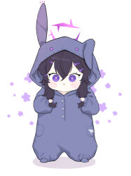 Rule 34 | 1girl, alternate costume, animal costume, black hair, blue archive, blush stickers, chibi, commentary request, floral background, full body, hair between eyes, hair ornament, hairclip, halo, haruka (blue archive), highres, holding, holding own hair, long sleeves, looking at viewer, parted lips, playing with own hair, pocket, puffy cheeks, purple eyes, rabbit costume, short hair, short hair with long locks, sidelocks, simple background, solo, standing, white background, yosik