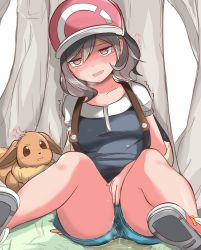 Rule 34 | !?, 1girl, backpack, bag, baseball cap, between legs, black shirt, blue shorts, blush, breasts, breath, brown eyes, brown hair, brown sclera, collarbone, colored sclera, creatures (company), drooling, eevee, elaine (pokemon), female focus, game freak, gen 1 pokemon, grass, half-closed eyes, hand between legs, hat, have to pee, japanese text, knees up, looking at another, medium breasts, muroi (fujisan0410), nintendo, open mouth, outdoors, peeing, peeing self, poke ball theme, pokemon, pokemon (creature), pokemon lgpe, puddle, red footwear, red headwear, saliva, shirt, shoes, short hair, short shorts, short sleeves, shorts, sitting, smile, solo focus, steam, surprised, sweat, tears, translated, tree, trembling, wavy mouth, wet, wet clothes