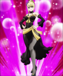 Rule 34 | 1girl, alternate costume, bare shoulders, black dress, blonde hair, breasts, brown eyes, closed mouth, curvy, detached sleeves, determined, dress, earrings, fairy tail, female focus, full body, hair bun, hair ornament, hair up, hands on own hips, high heels, jewelry, large breasts, long hair, long skirt, looking ahead, looking to the side, lucy heartfilia, pantyhose, ribbon, sash, screencap, serious, shoes, single hair bun, skirt, solo, sparkle, standing, stitched, tattoo, third-party edit, transformation, yellow ribbon, yellow sash