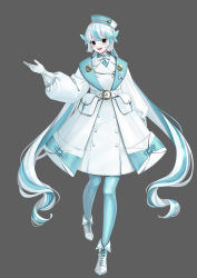 Rule 34 | 1girl, arm at side, belt, black eyes, blue hair, blue hat, blue pantyhose, blue shirt, blush, butterfly hair ornament, buttons, coat, collared shirt, creatures (company), dress, female focus, full body, game freak, gen 4 pokemon, gloves, grey background, hair ornament, hand up, happy, hat, heel up, highres, light blush, long hair, long sleeves, looking at viewer, medal, merlusa, multicolored hair, neck ribbon, nintendo, open clothes, open coat, open mouth, pachirisu, pale skin, pantyhose, personification, pokemon, pouch, puffy long sleeves, puffy sleeves, ribbon, sailor hat, shirt, shoes, short dress, sidelocks, simple background, smile, solo, standing, teeth, tilted headwear, twintails, two-tone hair, very long hair, white coat, white dress, white footwear, white gloves, white hair, white ribbon
