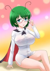 Rule 34 | 1girl, adjusting eyewear, alternate breast size, bespectacled, breasts, cape, covered erect nipples, glasses, green hair, highres, huge breasts, looking at viewer, no bra, no pants, see-through, short hair, shown, sitting, solo, touhou, wriggle nightbug