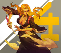Rule 34 | 1girl, absurdres, black kimono, bleach, blue eyes, breasts, cleavage, collarbone, feet out of frame, floating hair, forehead, grey background, haineko (shikai), hieumay, highres, holding, holding sword, holding weapon, japanese clothes, jewelry, katana, kimono, large breasts, lips, long hair, looking to the side, matsumoto rangiku, mole, mole under mouth, necklace, nose, number background, open hand, orange hair, orange theme, parted bangs, parted hair, pink shawl, sash, shawl, shihakusho, shikai, shinigami, simple background, sleeves past elbows, smoke, solo, sword, weapon, white sleeves, wide sleeves, zanpakutou