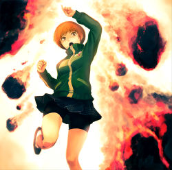 Rule 34 | 1girl, arm up, atlus, bike shorts, brown eyes, brown hair, houndstooth, infinote, jacket, meteor, open mouth, persona, persona 4, persona 4: the ultimate in mayonaka arena, satonaka chie, short hair, skirt, solo, track jacket