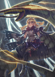Rule 34 | 1girl, black footwear, black gloves, blonde hair, blue eyes, blue skirt, boots, breasts, cagliostro (dark) (granblue fantasy), cagliostro (granblue fantasy), cape, creatures (company), crossover, crown, frilled skirt, frills, game freak, gen 3 pokemon, gloves, granblue fantasy, legendary pokemon, long hair, looking at viewer, mega pokemon, mega rayquaza, nintendo, parted lips, pokemon, pokemon (creature), rain, rayquaza, rotix, shirt, skirt, small breasts, smile, thigh boots, thighhighs, white shirt
