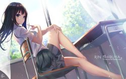 Rule 34 | 10s, 1girl, bare legs, barefoot, black hair, black skirt, breasts, chair, character name, classroom, closed mouth, commentary request, copyright name, curtains, day, desk, earrings, from below, from side, fukai ryosuke, green eyes, hand on own knee, idolmaster, idolmaster cinderella girls, indoors, jewelry, knee up, long hair, looking at viewer, looking down, looking to the side, medium breasts, open window, pointing, pointing at self, school, school desk, school uniform, shibuya rin, shirt, short sleeves, signature, sitting, skirt, smile, solo, stud earrings, sunlight, tree, white shirt, wind, window