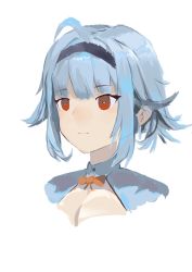 Rule 34 | 1girl, black hairband, blue hair, bow, bowtie, breasts, closed mouth, cropped torso, girls&#039; frontline, hairband, highres, looking away, orange bow, orange bowtie, red eyes, short hair, simple background, solo, t91 (girls&#039; frontline), upper body, wh1te, white background