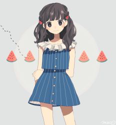 Rule 34 | 1girl, artist name, blush, brown eyes, brown hair, dress, food, food-themed hair ornament, fruit, hair ornament, hairclip, long hair, maco22, original, smile, solo, striped clothes, striped dress, two-sided fabric, two-sided skirt, vertical-striped clothes, vertical-striped dress, watermelon, wavy hair