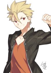Rule 34 | 1boy, gilgamesh (fate/prototype), arm up, artist name, brown shirt, closed mouth, collarbone, fate/prototype, fate (series), grin, hair between eyes, highres, jacket, looking at viewer, male focus, nikame, open clothes, open jacket, shirt, signature, simple background, smile, solo, spiked hair, upper body, v-neck, white background
