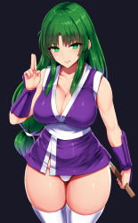 Rule 34 | 1girl, bare shoulders, black background, breasts, cleavage, closed mouth, collarbone, commentary request, cowboy shot, ganbare goemon, green eyes, green hair, highres, holding, holding sword, holding weapon, ishimiso (ishimura), japanese clothes, kuji-in, large breasts, legs together, leotard, long hair, looking at viewer, low-tied long hair, microskirt, ninja, panties, pantyshot, parted bangs, simple background, skirt, sleeveless, smile, solo, standing, sword, thighhighs, thighs, underwear, very long hair, weapon, white leotard, white thighhighs, wide hips, wrist guards, yae (ganbare goemon)