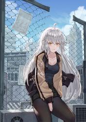 Rule 34 | 1girl, ahoge, alternate costume, black shorts, black tank top, blue sky, blush, breasts, building, chain-link fence, cleavage, closed mouth, cloud, fate/grand order, fate (series), fence, highres, jacket, jeanne d&#039;arc (fate), jeanne d&#039;arc alter (avenger) (fate), jeanne d&#039;arc alter (fate), long hair, medium breasts, pantyhose, paper, rooftop, shorts, silver hair, sky, skyscraper, solo, tank top, whitecrow4444, yellow eyes