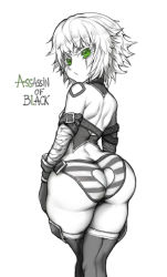 Rule 34 | 1girl, ass, ass cutout, bandages, bare back, butt crack, clothing cutout, fate/apocrypha, fate (series), green eyes, heart cutout, hip focus, huge ass, jack the ripper (fate/apocrypha), looking at viewer, looking back, narrow waist, simple background, solo, spot color, the golden smurf, thick thighs, thighs, white background, wide hips