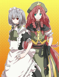 Rule 34 | 2girls, alternate costume, apron, braid, capelet, choker, female focus, green eyes, halftone, halftone background, hand on own hip, hands on own hips, hat, hip focus, hong meiling, izayoi sakuya, kintaro, long hair, maid, maid apron, maid headdress, multiple girls, polka dot, polka dot background, red eyes, red hair, silver hair, smile, embodiment of scarlet devil, touhou, twin braids, very long hair