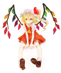 Rule 34 | 1girl, bad id, bad pixiv id, blonde hair, female focus, flandre scarlet, full body, hat, highres, kazune (baumkuchen), mob cap, red eyes, short hair, simple background, sitting, solo, touhou, white background, white hat, wings
