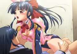 1boy 1girl ass blue_hair blush bow breasts censored cleavage cowgirl_position girl_on_top grabbing_another&#039;s_breast groping hair_ribbon hetero highres jiyuuyuu large_breasts legs leotard long_hair military_uniform moaning open_mouth penis playboy_bunny ponytail purple_eyes pussy rabbit_ears ribbon sakura_taisen sega sex shinguuji_sakura straddling sweat thighs vaginal