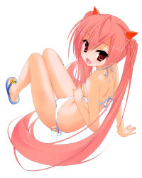 Rule 34 | 1girl, :d, absurdres, ahoge, arm support, bare shoulders, bikini, fang, feet, flat chest, full body, hidan no aria, highres, kanzaki h. aria, knees together feet apart, kobuichi, leaning back, long hair, looking at viewer, looking back, open mouth, pink hair, red eyes, sandals, side-tie bikini bottom, sitting, smile, solo, swimsuit, thigh gap, toes, twintails, very long hair, white bikini