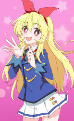 Rule 34 | 1girl, :d, aikatsu!, aikatsu! (series), blonde hair, commentary, hair between eyes, hairband, hoshimiya ichigo, ixy, long sleeves, looking at viewer, open mouth, pink background, pleated skirt, red eyes, red hairband, school uniform, skirt, smile, solo, star (symbol), starlight academy school uniform, starry background, white skirt