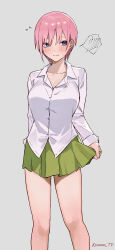 Rule 34 | 1girl, absurdres, artist name, blue eyes, blush, breasts, closed mouth, clothes grab, collarbone, collared shirt, fingernails, flying sweatdrops, go-toubun no hanayome, green skirt, grey background, hair between eyes, highres, knees, large breasts, legs, long sleeves, looking to the side, nakano ichika, nervous, nervous smile, pink hair, pleated skirt, school uniform, shirt, short hair, simple background, skirt, sleeves past wrists, smile, solo, sooon, spoken blush, standing, sweat, thighs, twitter username, wavy mouth, white shirt