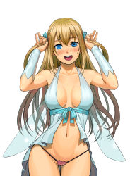 Rule 34 | 10s, 1girl, absurdres, amagi brilliant park, arms up, babydoll, bikini, blonde hair, blue eyes, blush, breasts, cleavage, curvy, fairy wings, highres, large breasts, lasterk, navel, no pants, panties, short twintails, solo, string bikini, sylphy (amaburi), thigh gap, thong, twintails, underwear, white background, wide hips, wings
