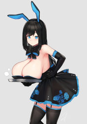 Rule 34 | 1girl, animal ears, armpits, backless dress, backless outfit, bare shoulders, black dress, black gloves, black hair, black thighhighs, blue eyes, bow, bowtie, breast rest, breasts, breasts on tray, carried breast rest, carrying, cleavage, dress, garter straps, gloves, grey background, hand on own hip, hayabusa, highres, large breasts, long hair, mole, mole on breast, original, rabbit ears, simple background, sleeveless, sleeveless dress, solo, standing, thighhighs, tray