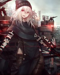 Rule 34 | 1girl, albino, beanie, black pants, capelet, city, cyberpunk, fang, hair between eyes, hat, highres, long hair, looking at viewer, mechanical arms, mihato senba, original, outstretched arms, pants, pelvic curtain, red eyes, science fiction, shawl, smile, solo, spread arms, white hair
