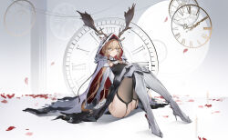 Rule 34 | 1girl, :o, absurdres, animal ears, antlers, antlers through hood, arknights, armored boots, black shirt, black thighhighs, blonde hair, blue eyes, boots, cape, clock, deer antlers, deer ears, ears through hood, flantia, garter straps, gauntlets, hair between eyes, highres, hood, hood up, hooded cape, horns, knees up, long hair, looking at viewer, red cape, roman numeral, shirt, sitting, solo, thigh boots, thighhighs, thighs, two-sided cape, two-sided fabric, very long hair, viviana (arknights), white cape