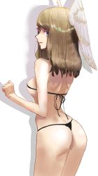 Rule 34 | 1girl, against wall, amausa subee, ass, back, bikini, blue eyes, breasts, eunie (xenoblade), feathered wings, head wings, highres, large breasts, long hair, looking at viewer, sideboob, simple background, solo, swimsuit, thong bikini, white background, white wings, wings, xenoblade chronicles (series), xenoblade chronicles 3